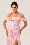 Pink Floral Ruffled Off the Shoulder Long Bridesmaid Dress with Slit