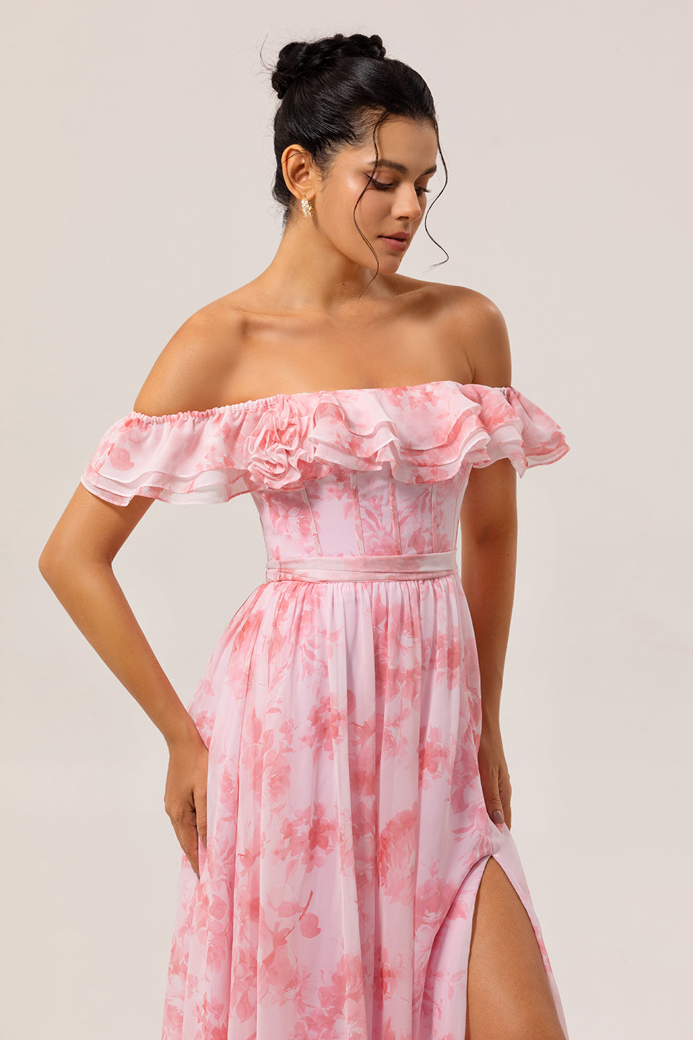 Pink Floral Ruffled Off the Shoulder Long Bridesmaid Dress with Slit