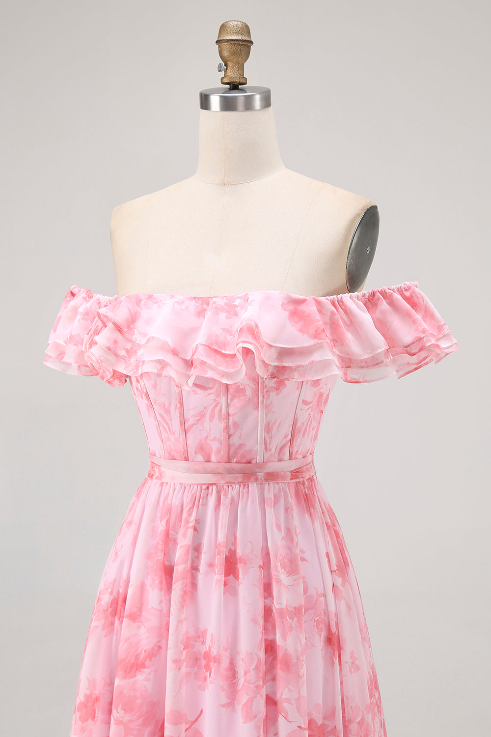 Pink Floral Off the Shoulder Chiffon A-Line Long Wedding Guest Dress with Ruffles