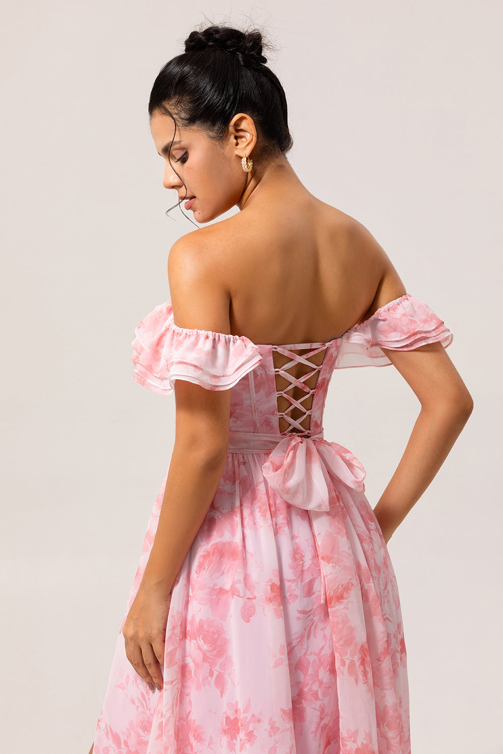 Pink Floral Ruffled Off the Shoulder Long Bridesmaid Dress with Slit