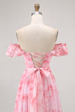 Pink Floral Off the Shoulder Chiffon A-Line Long Wedding Guest Dress with Ruffles