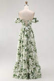 Green Chiffon Floral Off the Shoulder A-Line Long Wedding Guest Dress