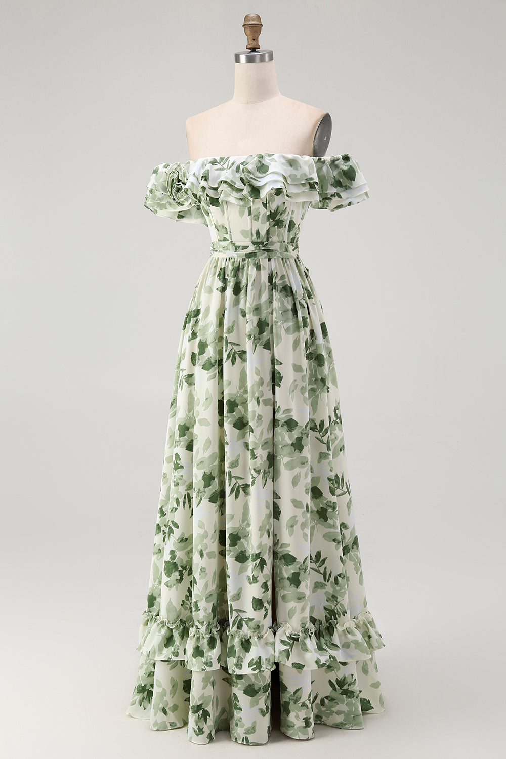 Green Chiffon Floral Off the Shoulder A-Line Long Wedding Guest Dress