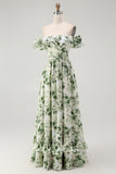 Green Chiffon Floral Off the Shoulder A-Line Long Wedding Guest Dress