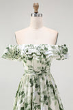 Green Chiffon Floral Off the Shoulder A-Line Long Wedding Guest Dress