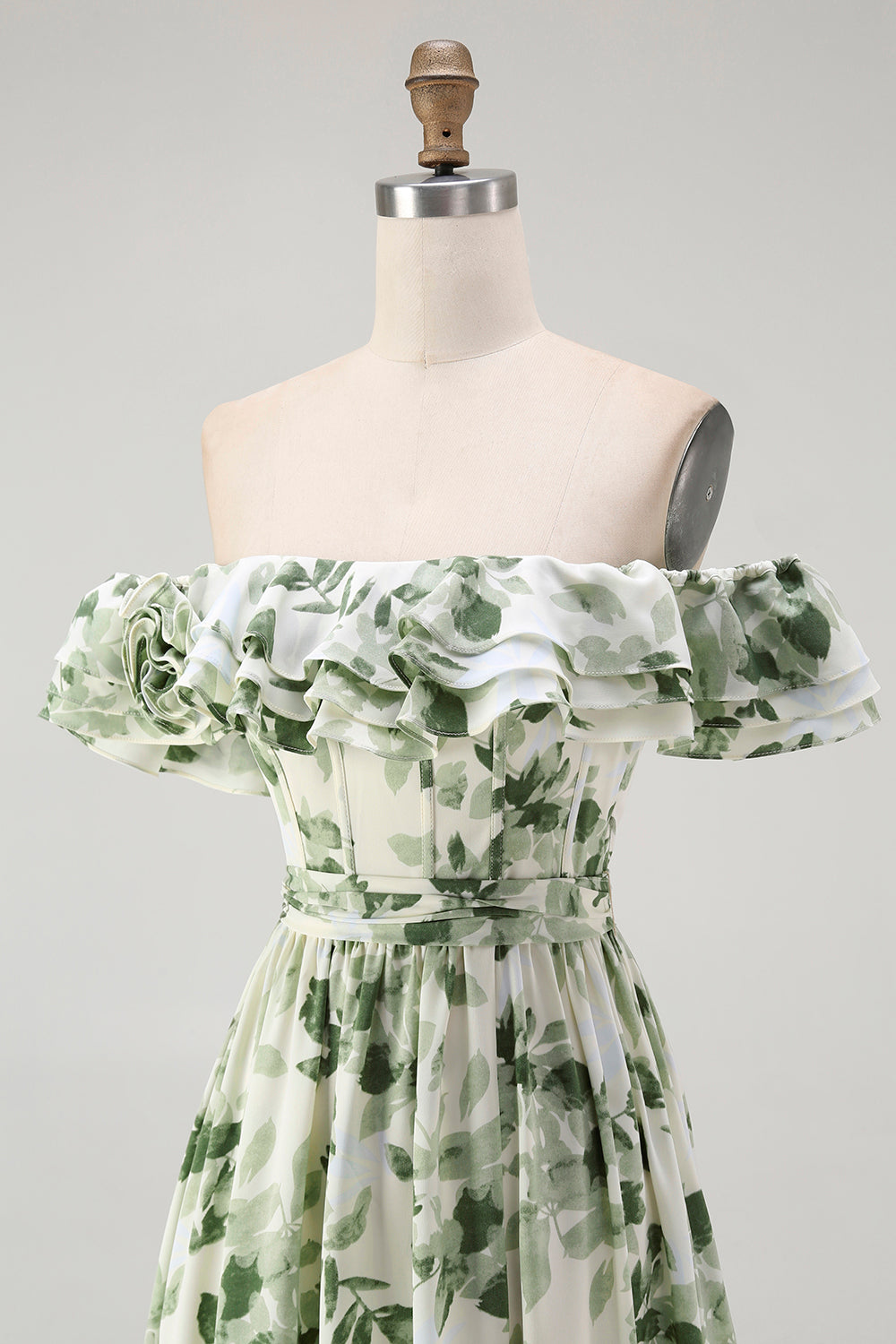 Green Chiffon Floral Off the Shoulder A-Line Long Wedding Guest Dress