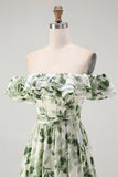 Green Chiffon Floral Off the Shoulder A-Line Long Wedding Guest Dress