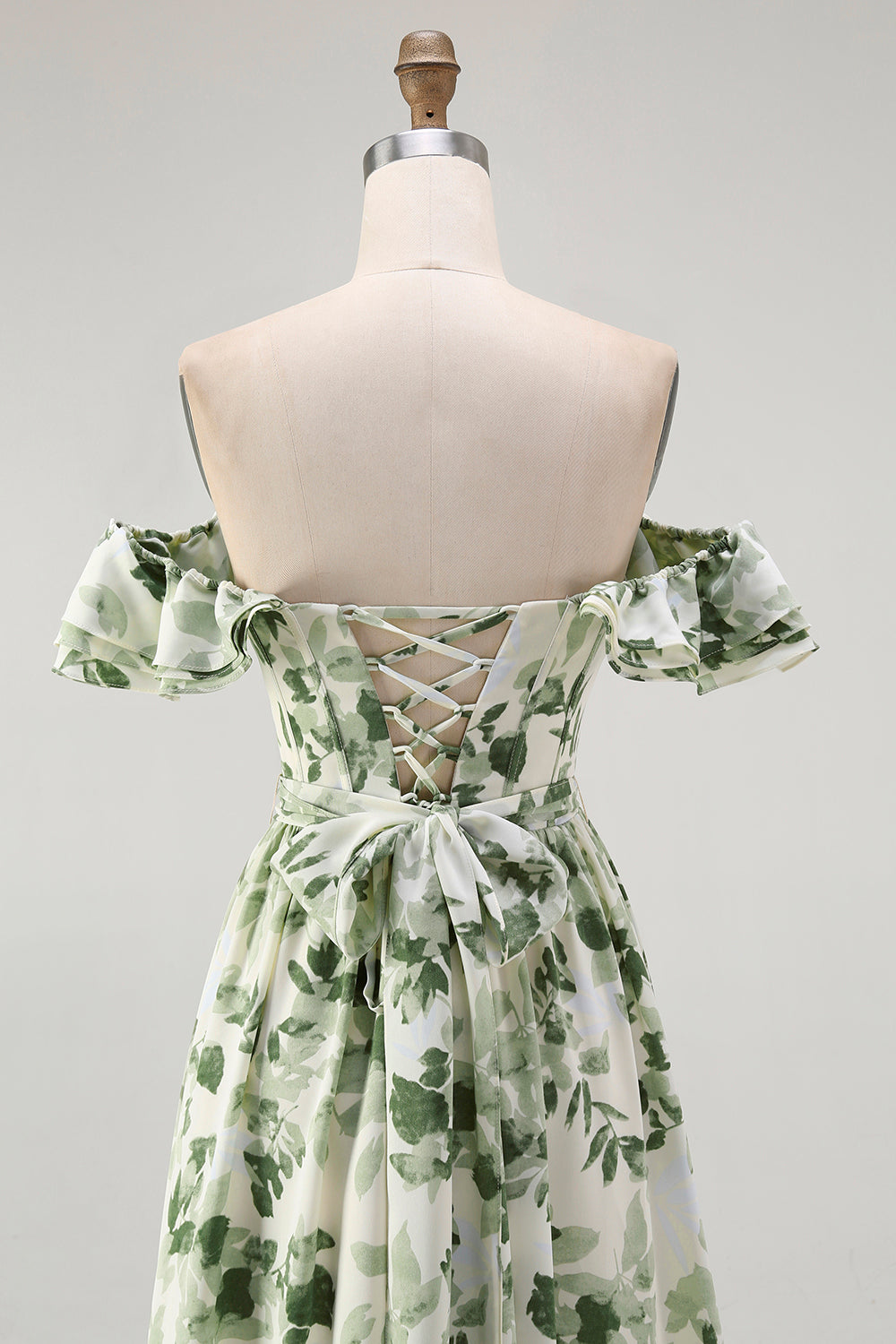 Green Chiffon Floral Off the Shoulder A-Line Long Wedding Guest Dress