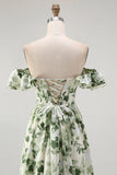 Green Chiffon Floral Off the Shoulder A-Line Long Wedding Guest Dress