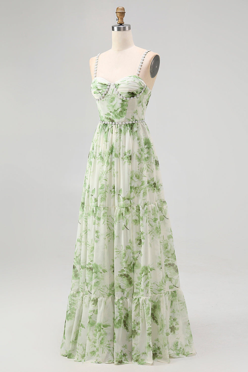 Green Floral Spaghetti Straps Chiffon A-Line Long Wedding Guest Dress with Slit