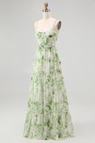 Green Floral Spaghetti Straps Chiffon A-Line Long Wedding Guest Dress with Slit