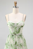 Green Floral Spaghetti Straps Chiffon A-Line Long Wedding Guest Dress with Slit