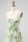 Green Floral Spaghetti Straps Chiffon A-Line Long Wedding Guest Dress with Slit