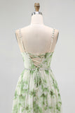 Green Floral Spaghetti Straps Chiffon A-Line Long Wedding Guest Dress with Slit