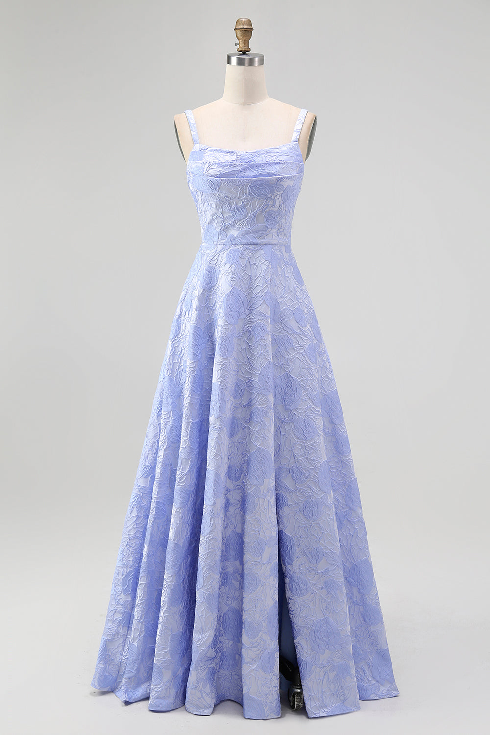 Blue Floral Spaghetti Straps A-Line Long Wedding Guest Dress with Slit