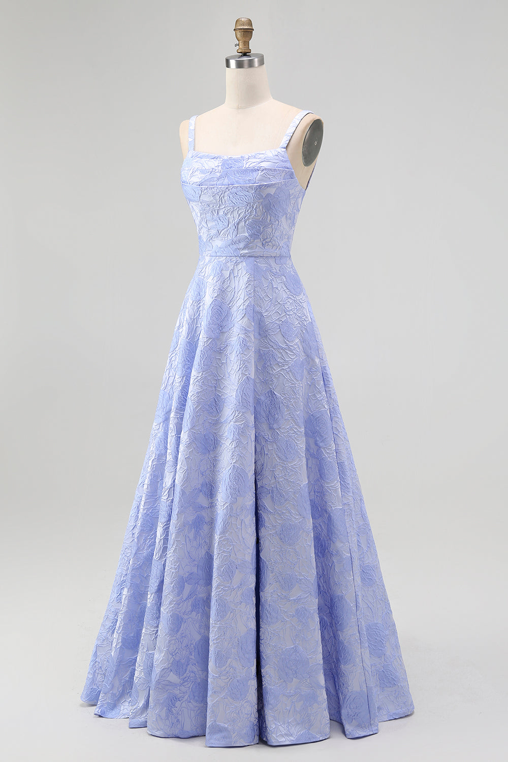 Blue Floral Spaghetti Straps A-Line Long Wedding Guest Dress with Slit