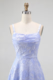 Blue Floral Spaghetti Straps A-Line Long Wedding Guest Dress with Slit