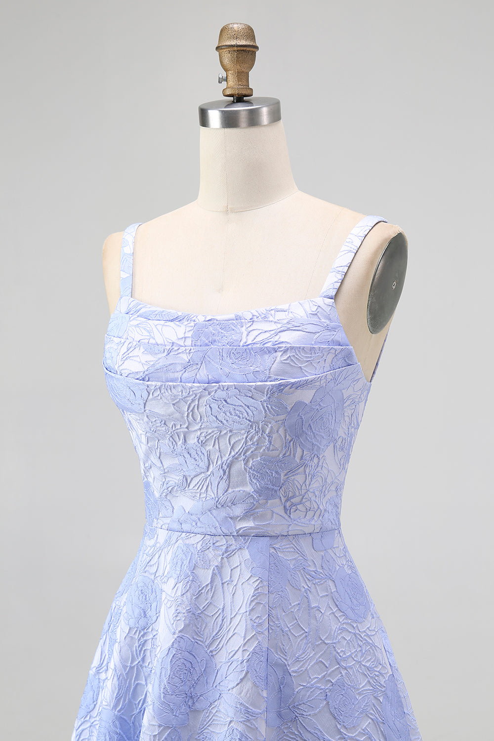 Blue Floral Spaghetti Straps A-Line Long Wedding Guest Dress with Slit