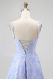 Blue Floral Spaghetti Straps A-Line Long Wedding Guest Dress with Slit