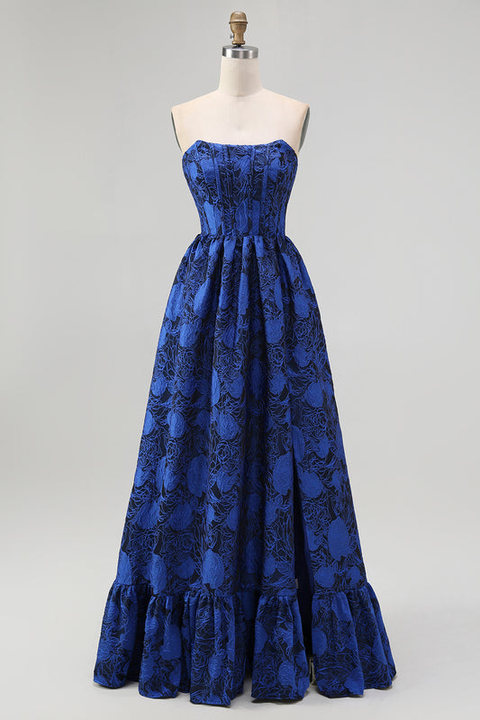 Dark Blue Floral Sweetheart A-Line Long Corset Wedding Guest Dress