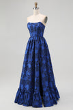 Dark Blue Floral Sweetheart A-Line Long Corset Wedding Guest Dress