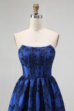 Dark Blue Floral Sweetheart A-Line Long Corset Wedding Guest Dress