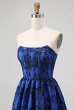 Dark Blue Floral Sweetheart A-Line Long Corset Wedding Guest Dress