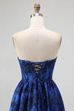 Dark Blue Floral Sweetheart A-Line Long Corset Wedding Guest Dress