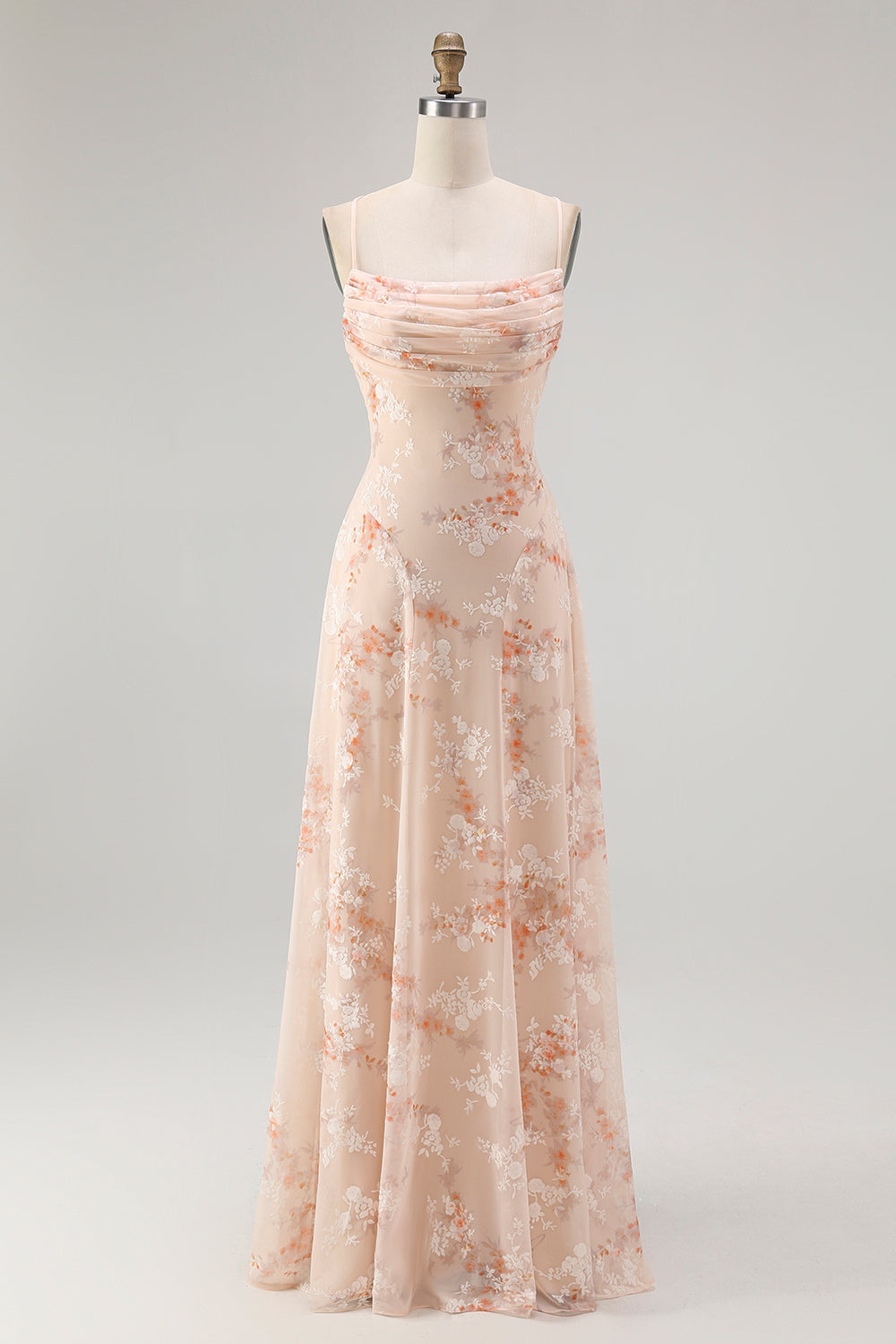 Champagne Floral Spaghetti Straps Chiffon Ruched A-Line Long Wedding Guest Dress