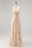 Champagne Floral Spaghetti Straps Chiffon Ruched A-Line Long Wedding Guest Dress