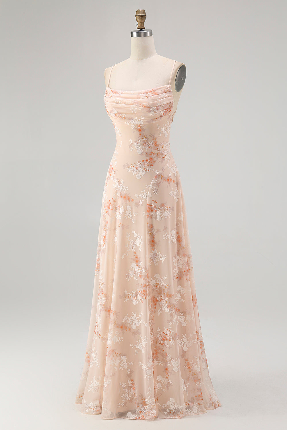 Champagne Floral Spaghetti Straps Chiffon Ruched A-Line Long Wedding Guest Dress