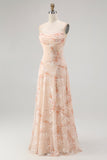 Champagne Floral Spaghetti Straps Chiffon Ruched A-Line Long Wedding Guest Dress