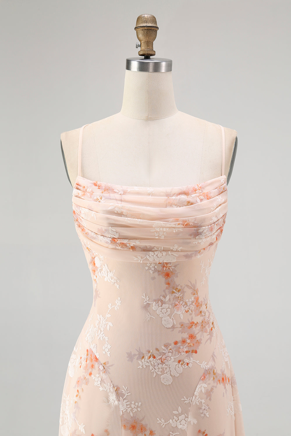 Champagne Floral Spaghetti Straps Chiffon Ruched A-Line Long Wedding Guest Dress