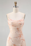Champagne Floral Spaghetti Straps Chiffon Ruched A-Line Long Wedding Guest Dress