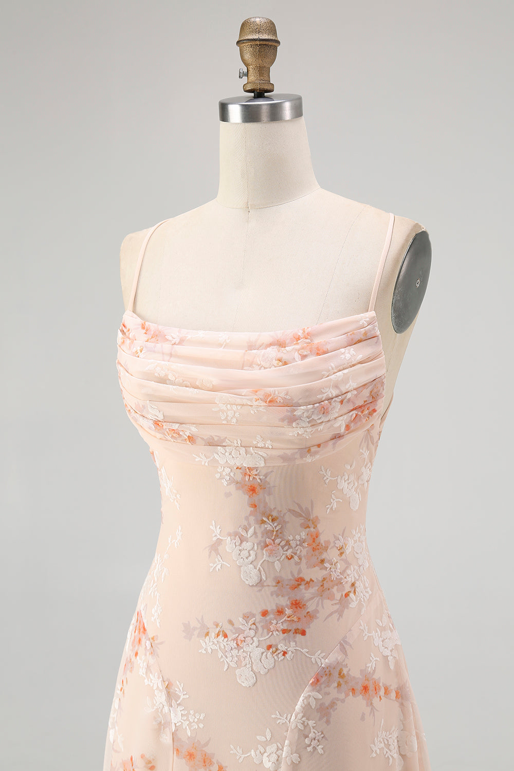 Champagne Floral Spaghetti Straps Chiffon Ruched A-Line Long Wedding Guest Dress