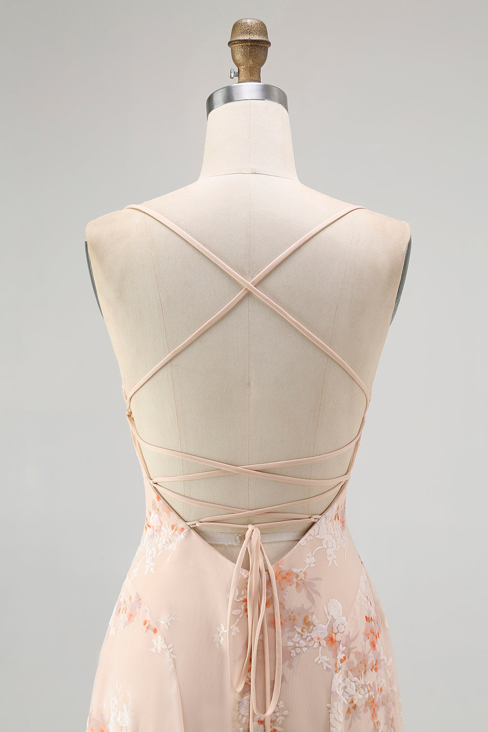 Champagne Floral Spaghetti Straps Chiffon Ruched A-Line Long Wedding Guest Dress