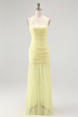 Simple Yellow Halter Chiffon Sheath Long Wedding Guest Dress