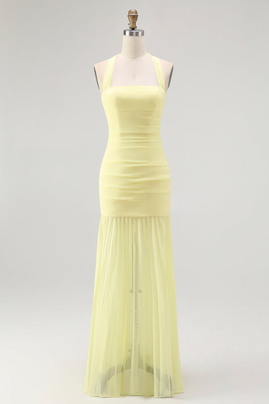 Simple Yellow Halter Chiffon Sheath Long Wedding Guest Dress