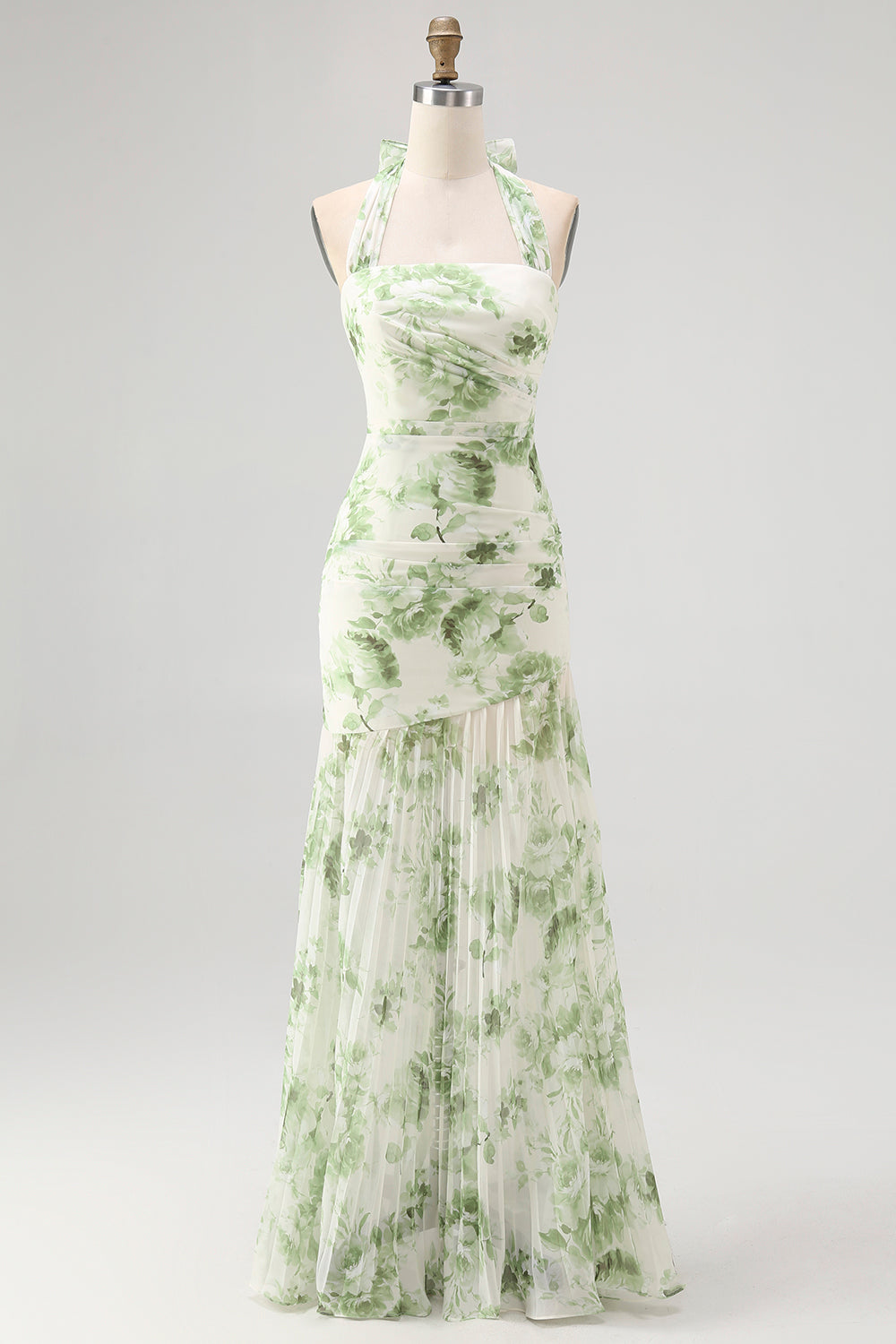 Green Floral Halter Mermaid Long Wedding Guest Dress with Bow