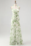 Green Floral Halter Mermaid Long Wedding Guest Dress with Bow