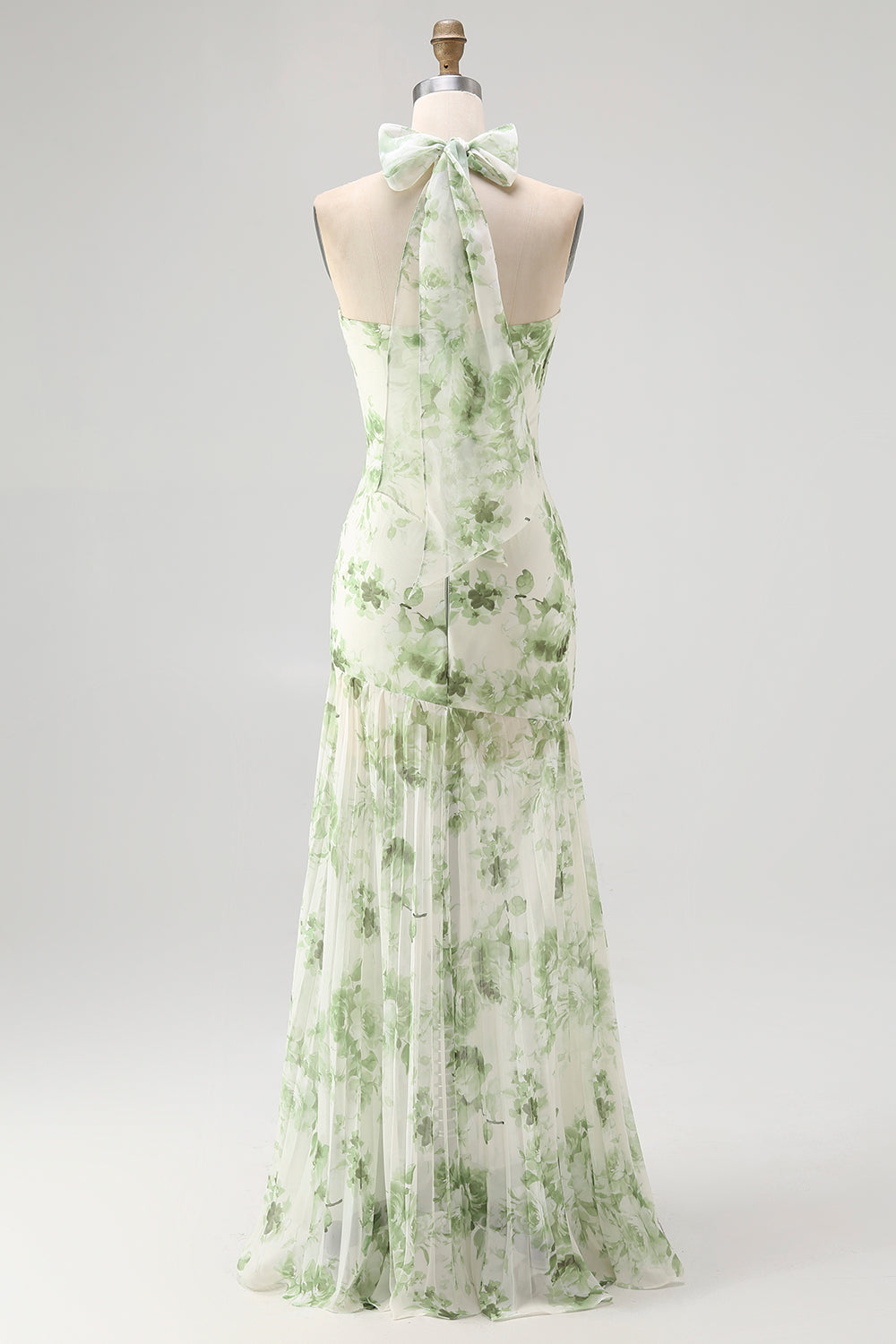 Green Floral Halter Mermaid Long Wedding Guest Dress with Bow