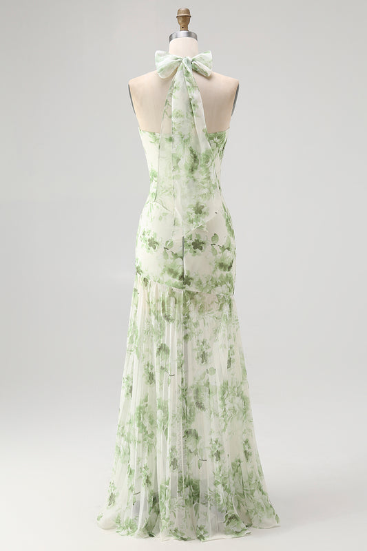 Green Floral Halter Mermaid Long Wedding Guest Dress with Bow