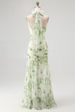 Green Floral Halter Mermaid Long Wedding Guest Dress with Bow