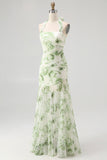 Green Floral Halter Mermaid Long Wedding Guest Dress with Bow