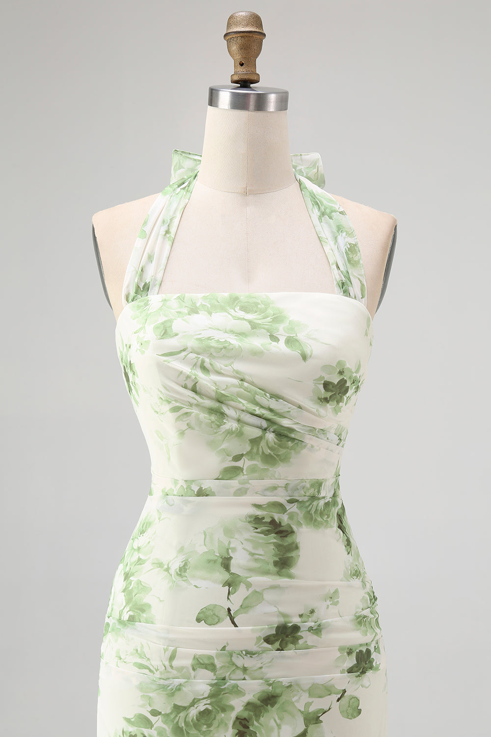 Green Floral Halter Mermaid Long Wedding Guest Dress with Bow