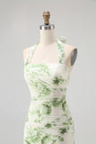 Green Floral Halter Mermaid Long Wedding Guest Dress with Bow