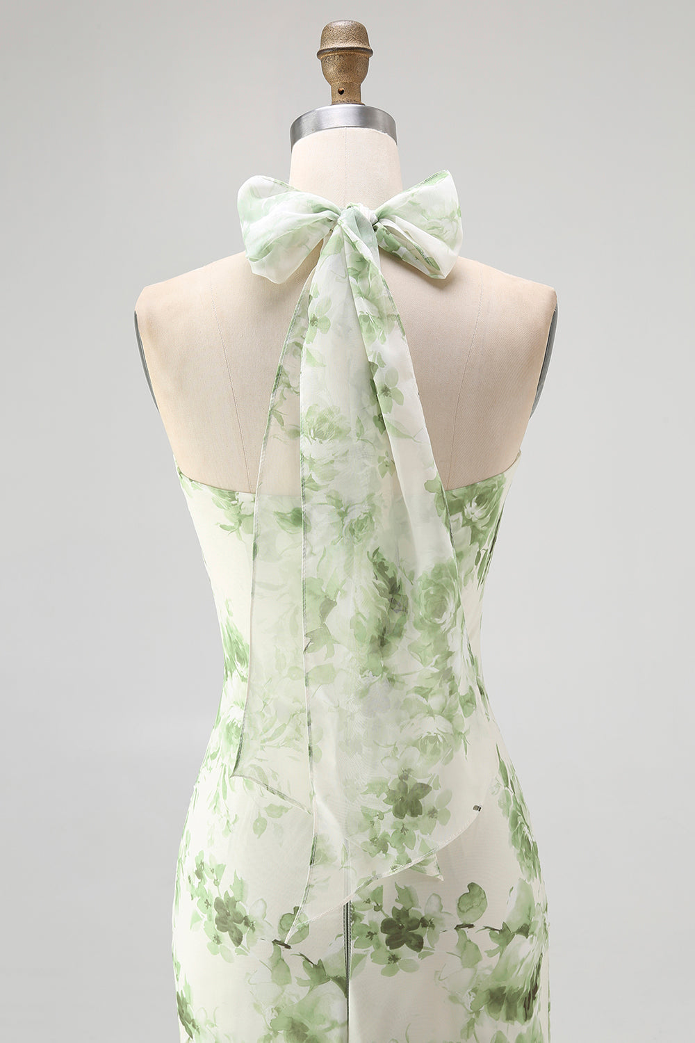 Green Floral Halter Mermaid Long Wedding Guest Dress with Bow
