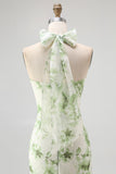 Green Floral Halter Mermaid Long Wedding Guest Dress with Bow