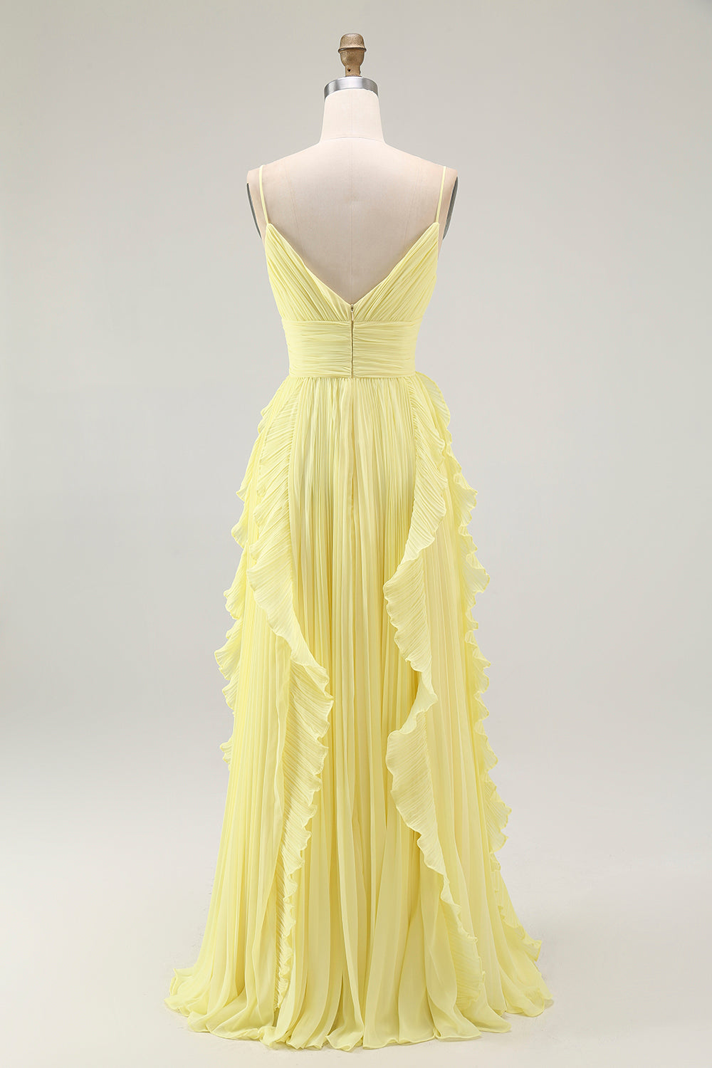 Yellow Spaghetti Straps Chiffon Pleated A-Line Long Wedding Guest Dress with Ruffles