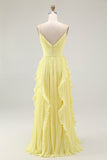 Yellow Spaghetti Straps Chiffon Pleated A-Line Long Wedding Guest Dress with Ruffles